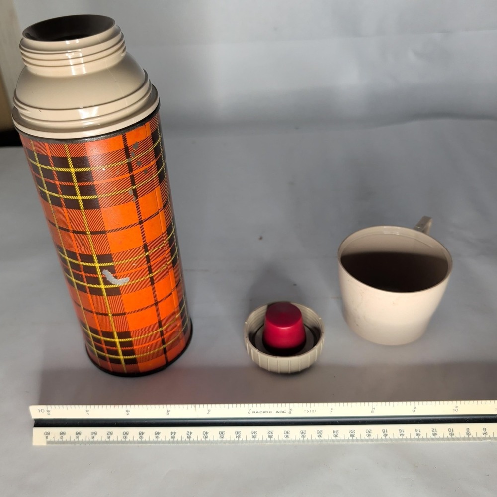 Vintage Thermos Plaid Vacuum Flask Orange Insulated Cup Lid Handle Hot Cold - Picture 2 of 6